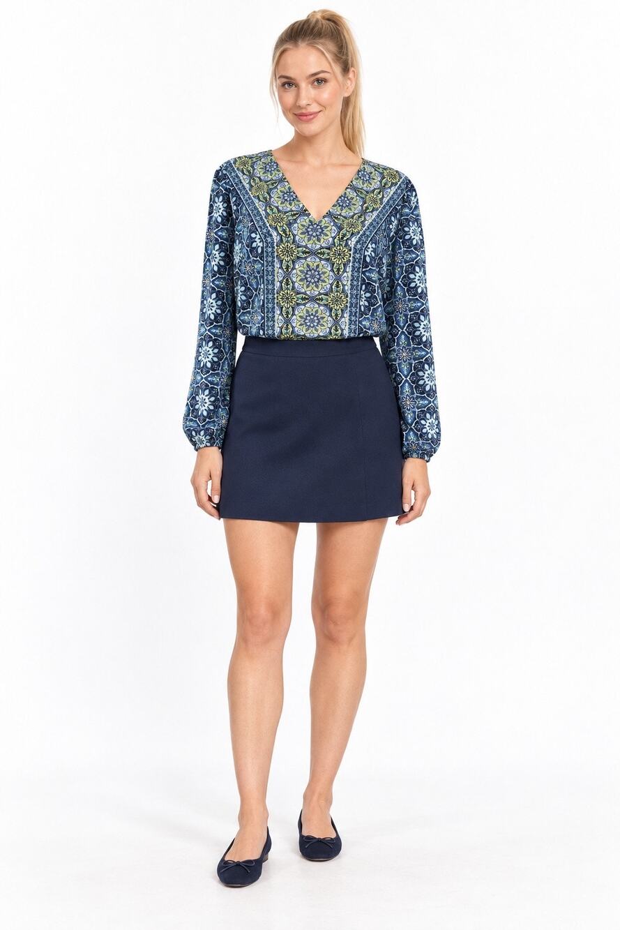 Belle Boho Kim Gravel Kaleidoscope Print Relaxed Fit V-Neck Long Sleeve Blouse